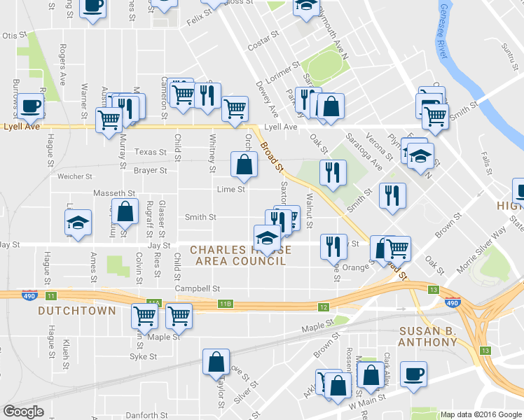 map of restaurants, bars, coffee shops, grocery stores, and more near 718 Smith Street in Rochester
