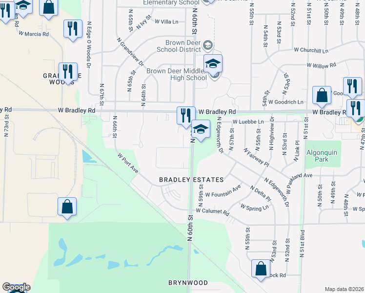 map of restaurants, bars, coffee shops, grocery stores, and more near 7871-7873 North 60th Street in Milwaukee