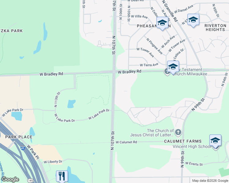 map of restaurants, bars, coffee shops, grocery stores, and more near 7900 North 107th Street in Milwaukee
