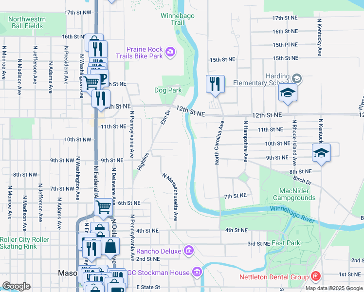 map of restaurants, bars, coffee shops, grocery stores, and more near 411 10th Street Northeast in Mason City
