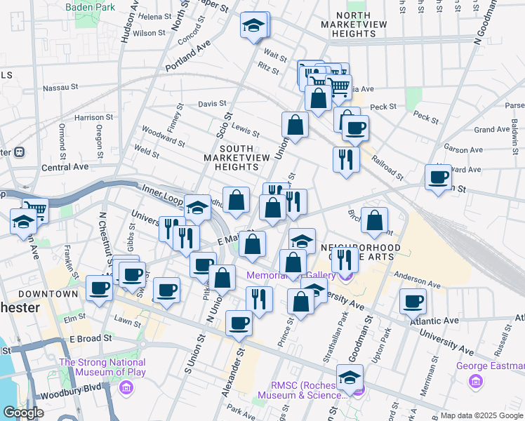 map of restaurants, bars, coffee shops, grocery stores, and more near 146 Union St N in Rochester