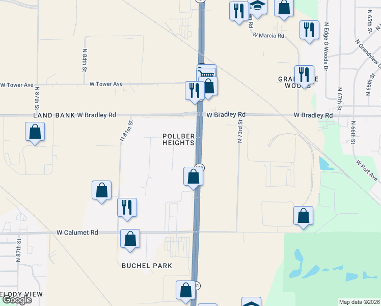 map of restaurants, bars, coffee shops, grocery stores, and more near 7863 Wisconsin 181 in Milwaukee