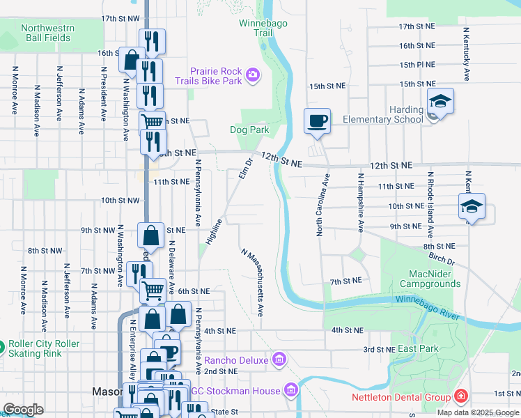 map of restaurants, bars, coffee shops, grocery stores, and more near 411 10th Street Northeast in Mason City