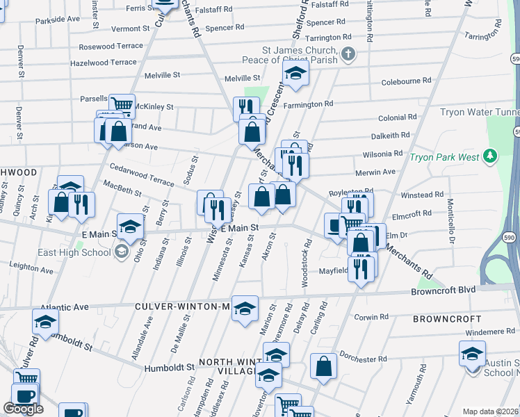 map of restaurants, bars, coffee shops, grocery stores, and more near 735 Cedarwood Terrace in Rochester