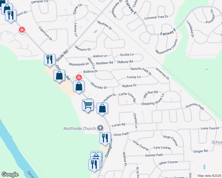 map of restaurants, bars, coffee shops, grocery stores, and more near 4136 Silverado Drive in Liverpool