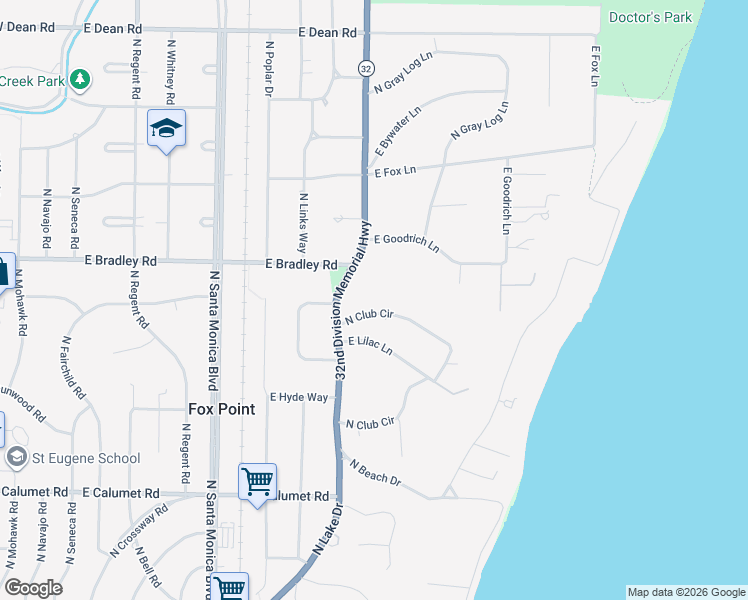 map of restaurants, bars, coffee shops, grocery stores, and more near 7880 North Club Circle in Fox Point