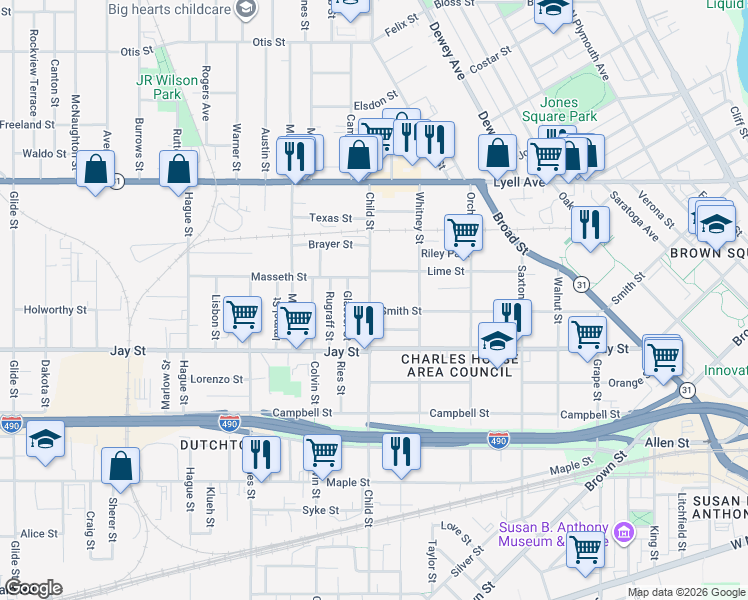 map of restaurants, bars, coffee shops, grocery stores, and more near 444 Child Street in Rochester