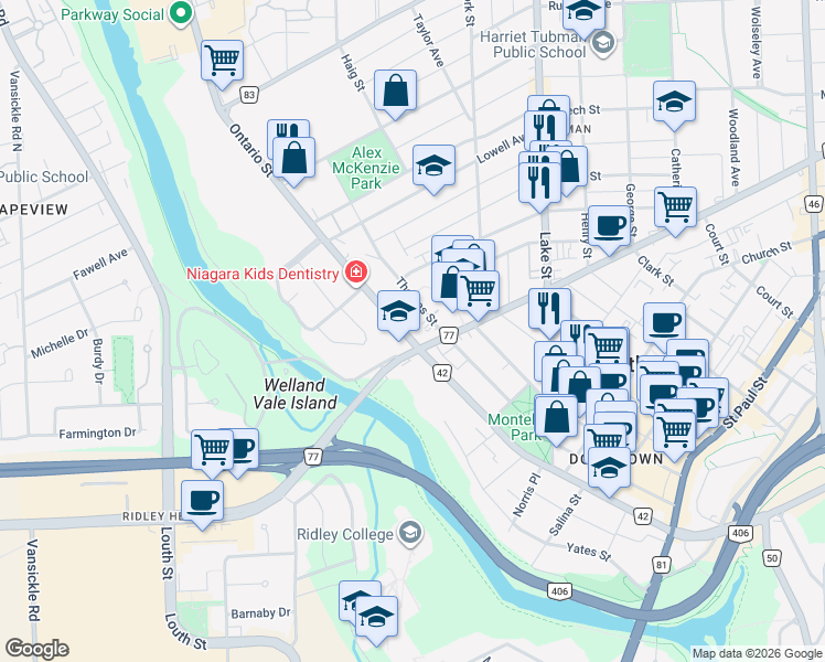map of restaurants, bars, coffee shops, grocery stores, and more near 180 Ontario Street in St. Catharines