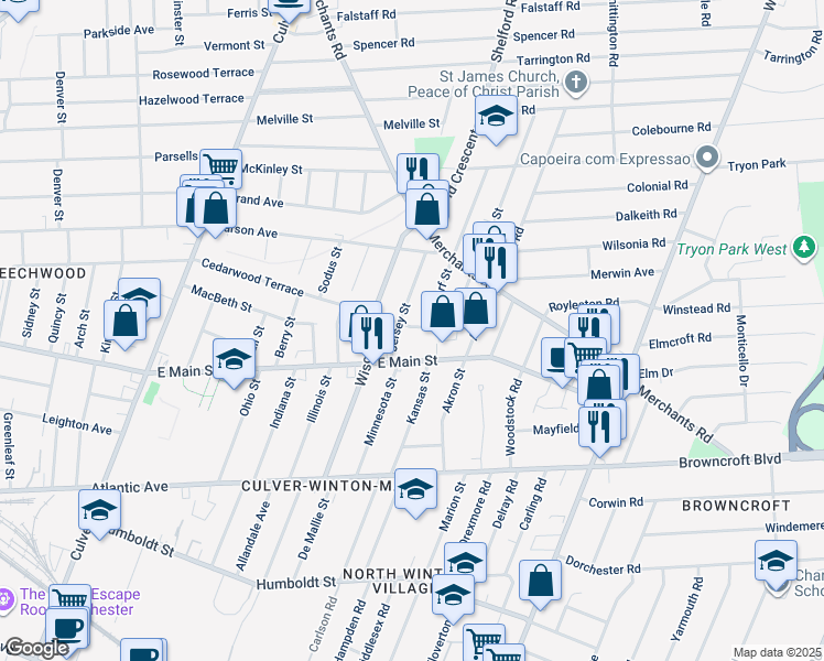 map of restaurants, bars, coffee shops, grocery stores, and more near 681 Cedarwood Terrace in Rochester
