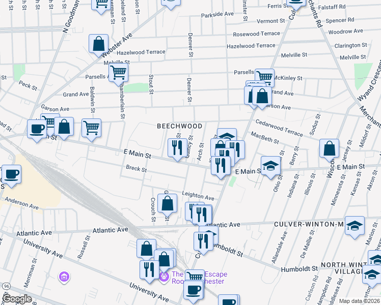 map of restaurants, bars, coffee shops, grocery stores, and more near 30 Quincy Street in Rochester
