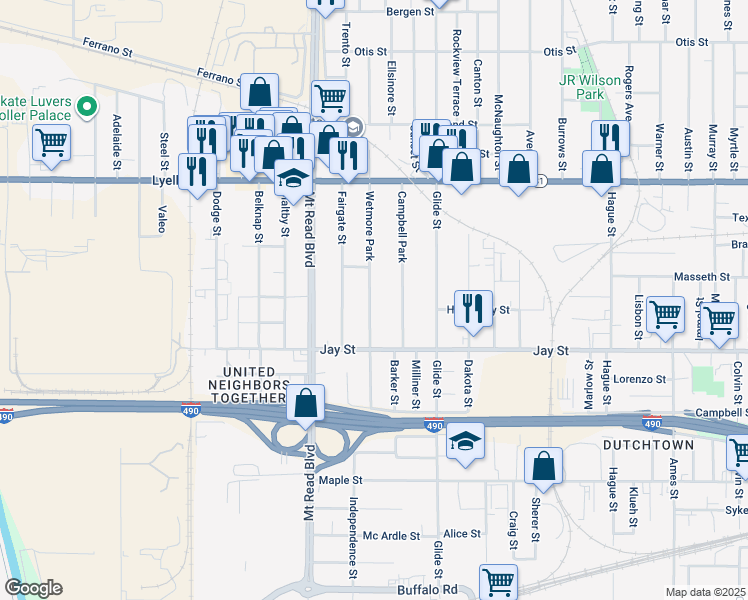 map of restaurants, bars, coffee shops, grocery stores, and more near 74 Wetmore Park in Rochester