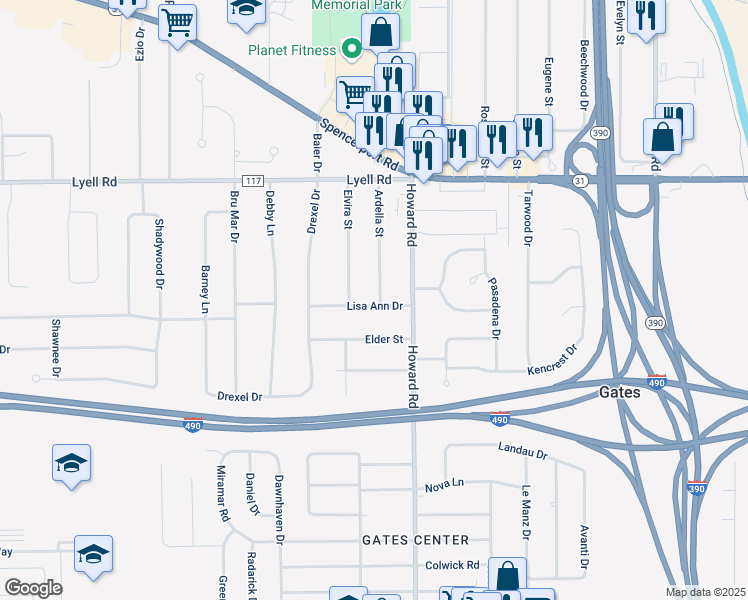 map of restaurants, bars, coffee shops, grocery stores, and more near 185 Ardella Street in Rochester