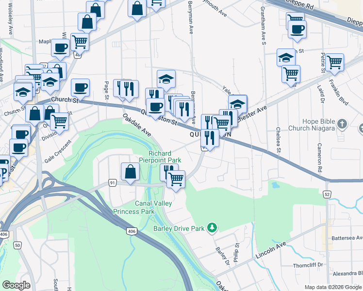 map of restaurants, bars, coffee shops, grocery stores, and more near 32 Valleyview Road in Saint Catharines
