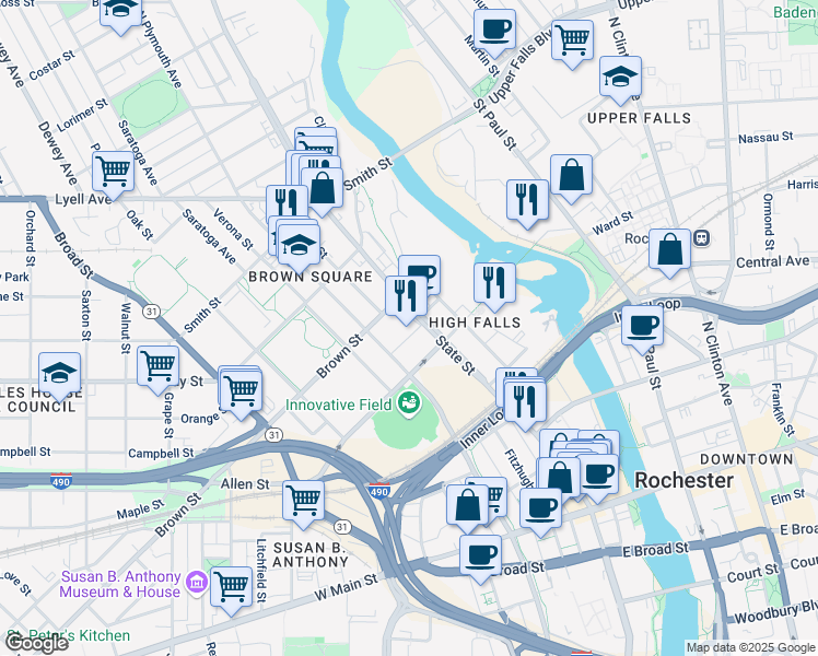 map of restaurants, bars, coffee shops, grocery stores, and more near 343 State Street in Rochester