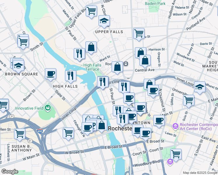 map of restaurants, bars, coffee shops, grocery stores, and more near 95 Bittner Street in Rochester