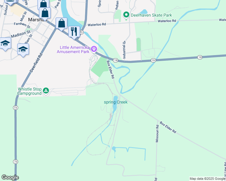 map of restaurants, bars, coffee shops, grocery stores, and more near 5675 Box Elder Road in Marshall