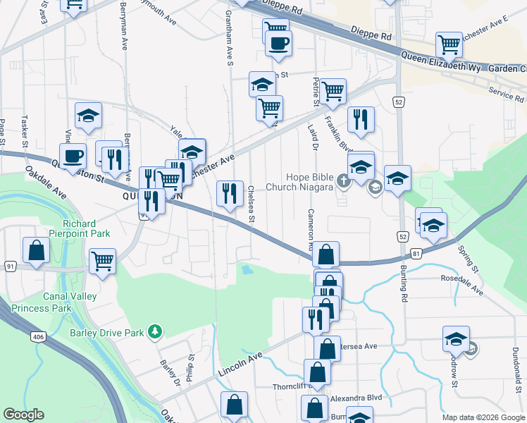 map of restaurants, bars, coffee shops, grocery stores, and more near 17 Marmora Street in St. Catharines