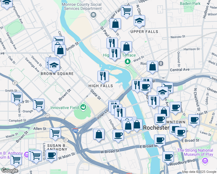 map of restaurants, bars, coffee shops, grocery stores, and more near 42 Brown Street in Rochester