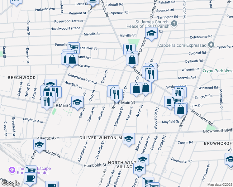 map of restaurants, bars, coffee shops, grocery stores, and more near 218 Wisconsin Street in Rochester