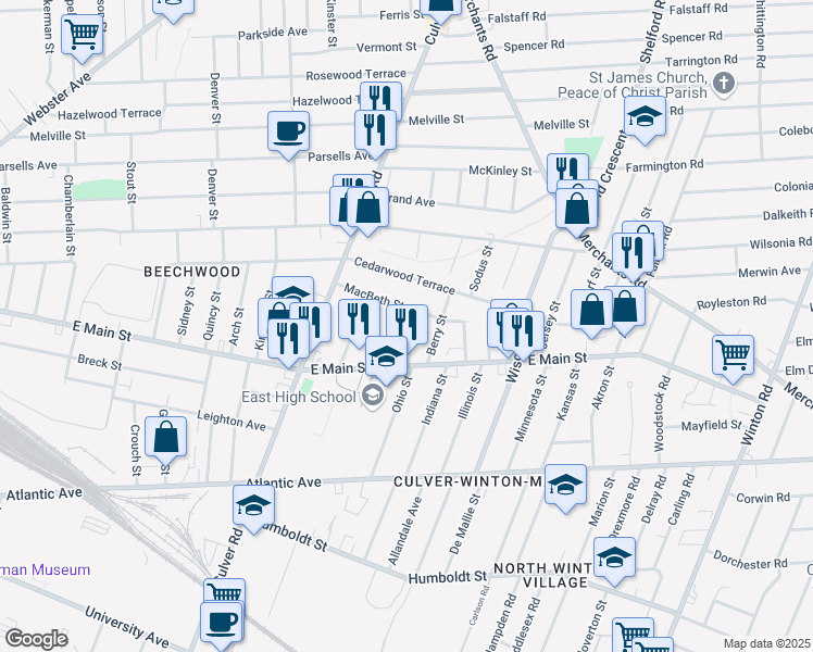 map of restaurants, bars, coffee shops, grocery stores, and more near 55 Hall Street in Rochester