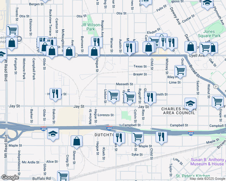 map of restaurants, bars, coffee shops, grocery stores, and more near 531 Ames Street in Rochester