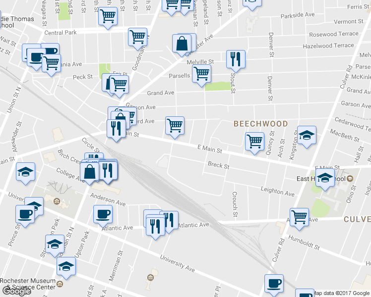 map of restaurants, bars, coffee shops, grocery stores, and more near 1307 East Main Street in Rochester