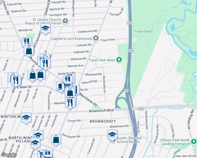 map of restaurants, bars, coffee shops, grocery stores, and more near 110 Elmcroft Road in Rochester