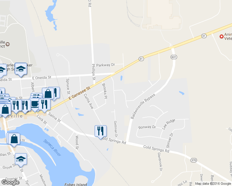map of restaurants, bars, coffee shops, grocery stores, and more near 129 Festa Fairway Lane in Baldwinsville