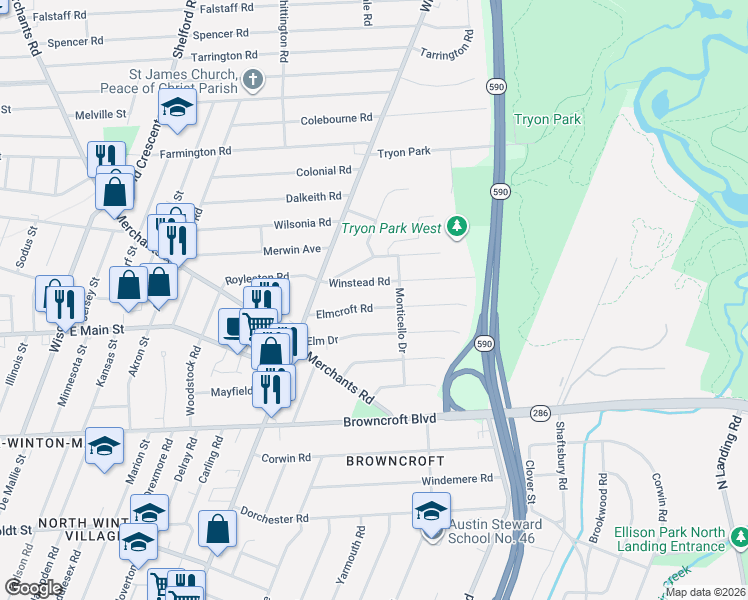 map of restaurants, bars, coffee shops, grocery stores, and more near 110 Elmcroft Road in Rochester