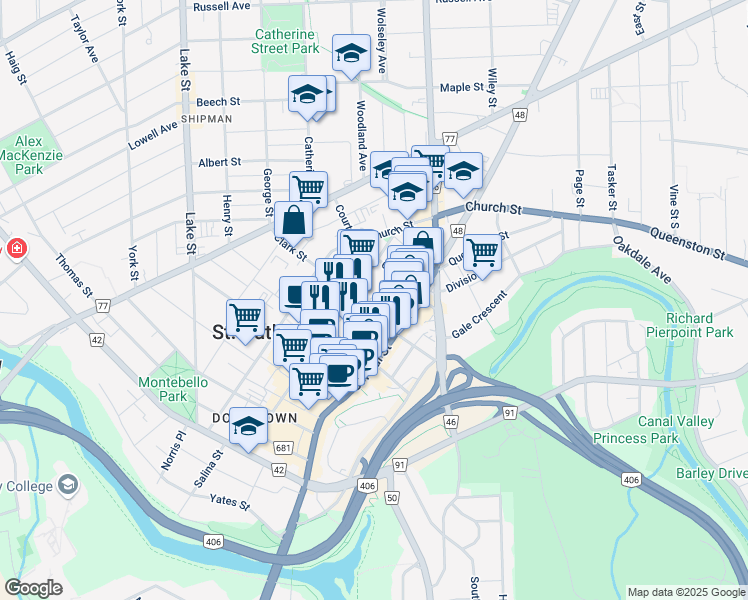 map of restaurants, bars, coffee shops, grocery stores, and more near 7 Centre Street in Saint Catharines