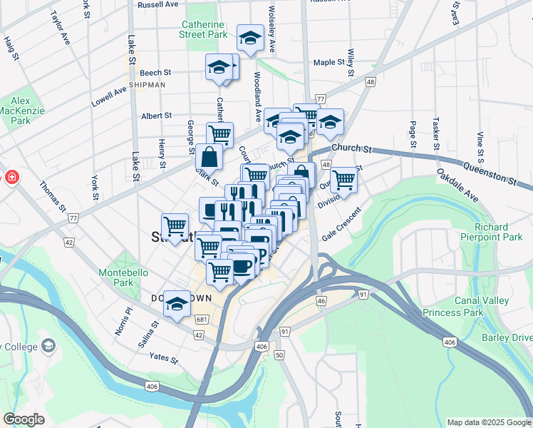 map of restaurants, bars, coffee shops, grocery stores, and more near 7 Centre Street in St. Catharines