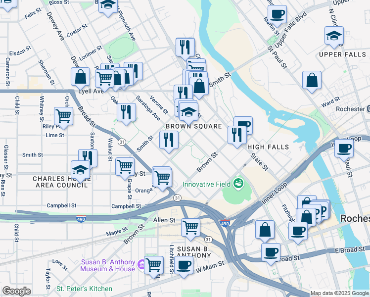 map of restaurants, bars, coffee shops, grocery stores, and more near 142 Jay Street in Rochester