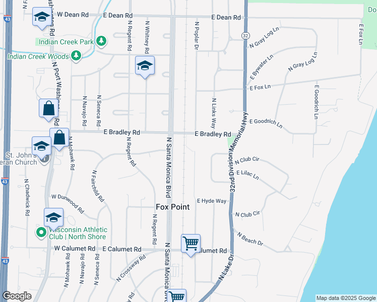 map of restaurants, bars, coffee shops, grocery stores, and more near 7919 North Boyd Way in Fox Point