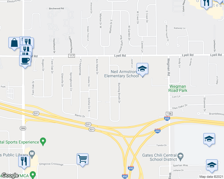 map of restaurants, bars, coffee shops, grocery stores, and more near 59 Snowberry Crescent in Rochester