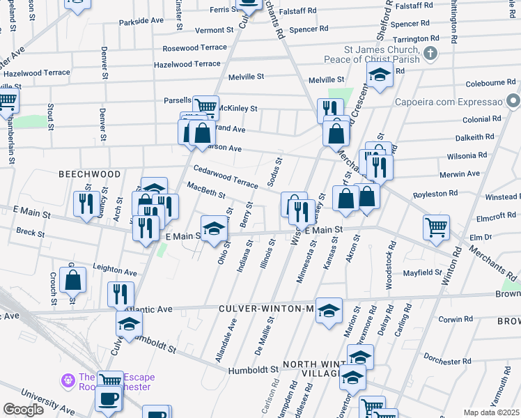map of restaurants, bars, coffee shops, grocery stores, and more near 60 Berry Street in Rochester