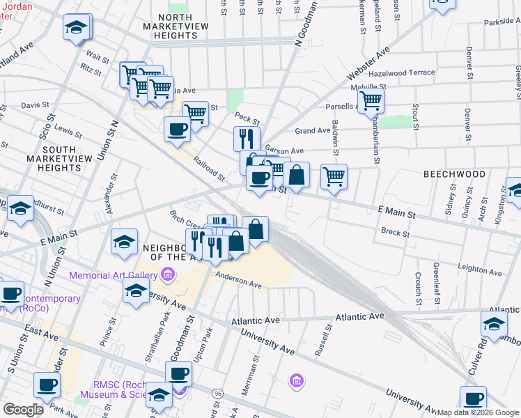map of restaurants, bars, coffee shops, grocery stores, and more near 1115 East Main Street in Rochester