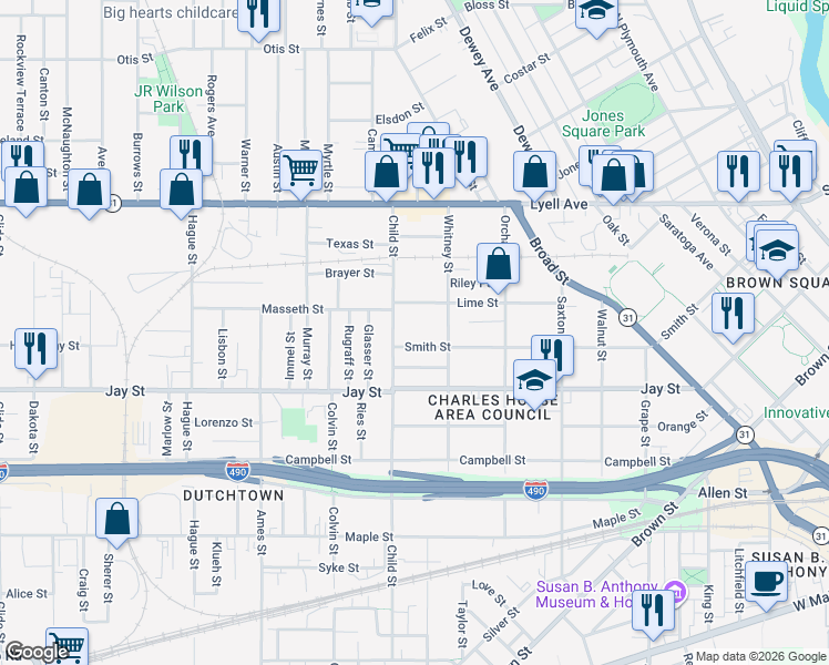 map of restaurants, bars, coffee shops, grocery stores, and more near 444 Child Street in Rochester