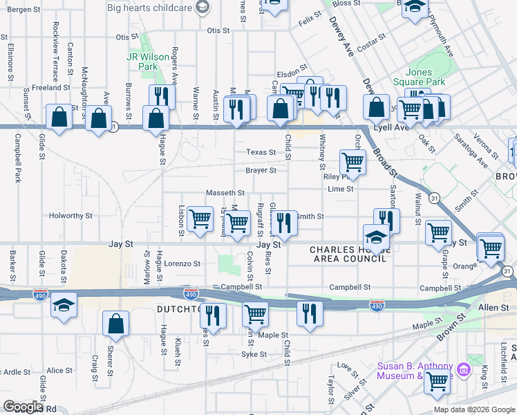 map of restaurants, bars, coffee shops, grocery stores, and more near 23 Glasser Street in Rochester