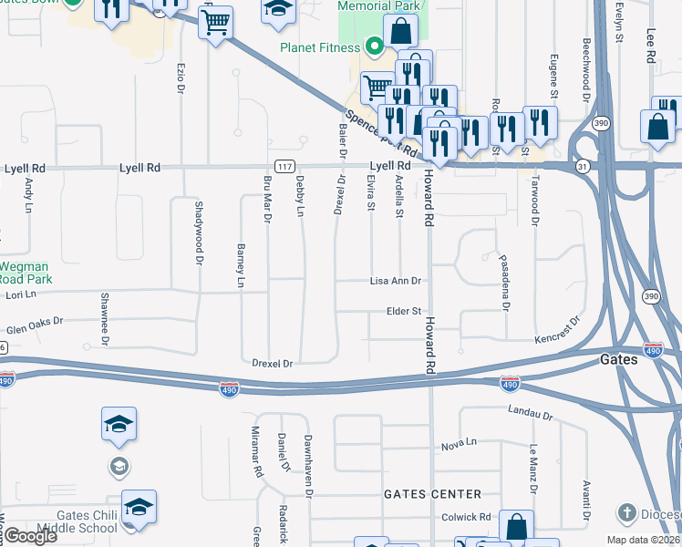 map of restaurants, bars, coffee shops, grocery stores, and more near 32 Drexel Drive in Rochester