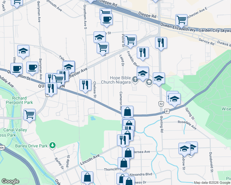 map of restaurants, bars, coffee shops, grocery stores, and more near 24 Lorne Street in St. Catharines