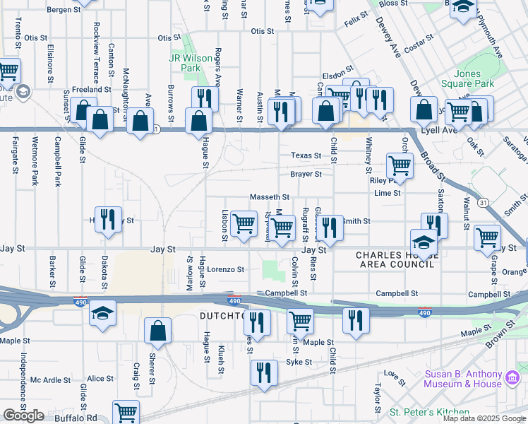 map of restaurants, bars, coffee shops, grocery stores, and more near 25 Immel Street in Rochester