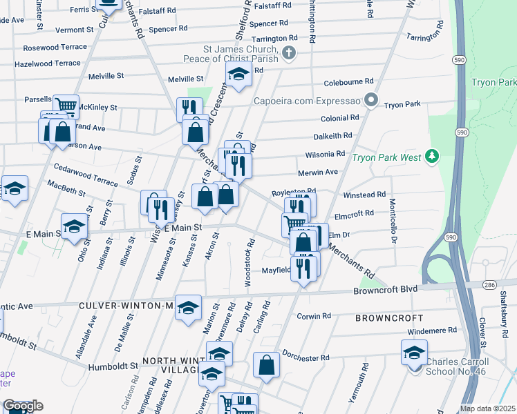 map of restaurants, bars, coffee shops, grocery stores, and more near 197 Woodstock Road in Rochester