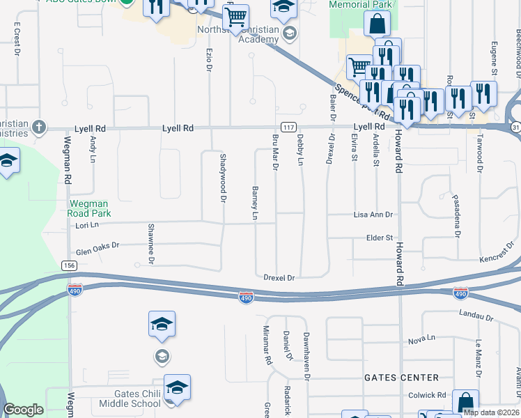 map of restaurants, bars, coffee shops, grocery stores, and more near 65 Barney Lane in Rochester