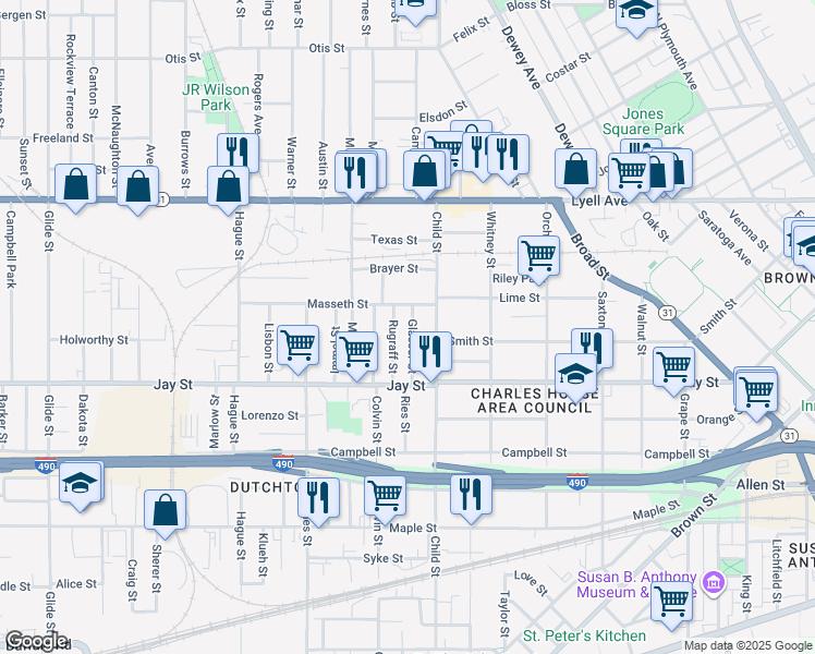 map of restaurants, bars, coffee shops, grocery stores, and more near 23 Glasser Street in Rochester