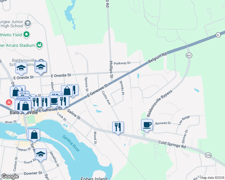 map of restaurants, bars, coffee shops, grocery stores, and more near 8 Travers Street in Baldwinsville