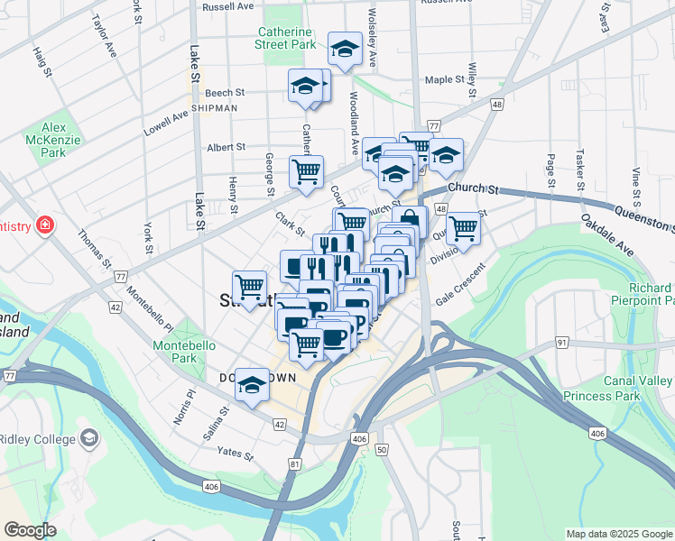 map of restaurants, bars, coffee shops, grocery stores, and more near in St. Catharines