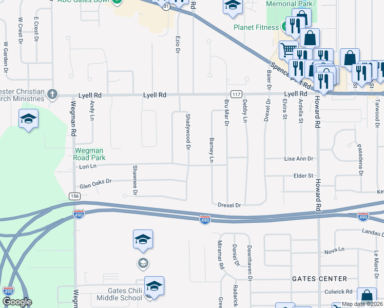 map of restaurants, bars, coffee shops, grocery stores, and more near 63 Shadywood Drive in Rochester