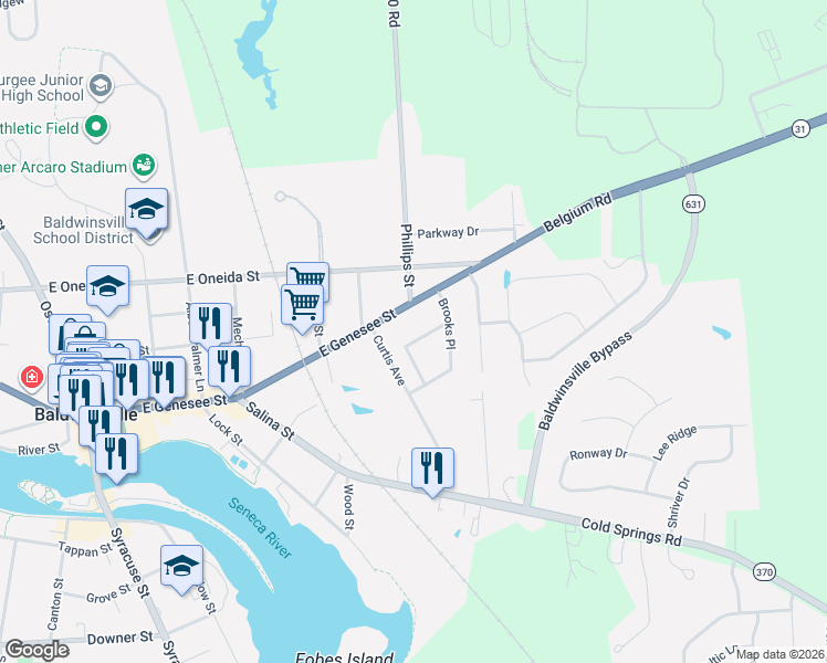 map of restaurants, bars, coffee shops, grocery stores, and more near 8 Travers Street in Baldwinsville