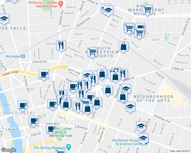 map of restaurants, bars, coffee shops, grocery stores, and more near 229 Lyndhurst Street in Rochester