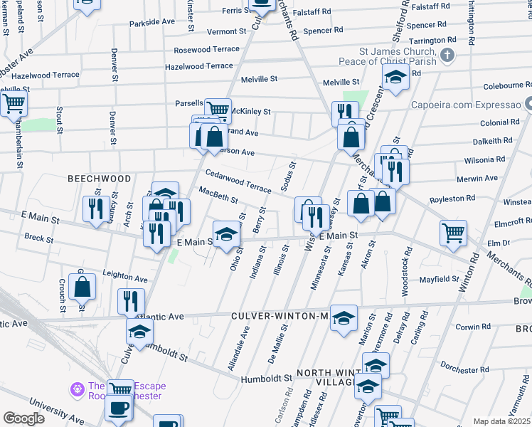 map of restaurants, bars, coffee shops, grocery stores, and more near 60 Berry Street in Rochester